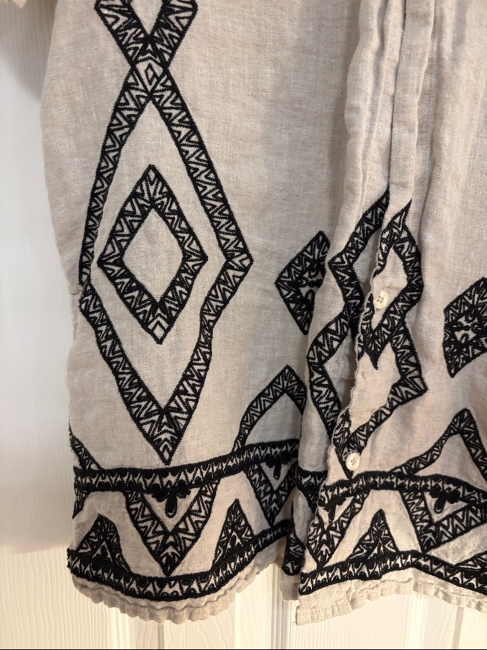 Banana Republic Beige Short-Sleeve Button-Down with Black Geometric Embroidery - Picture 4 of 4